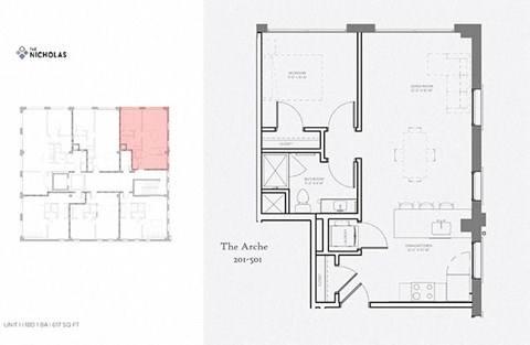 Floor plan for 1 bed, 1 bath, 617 sqft